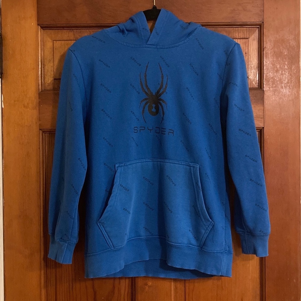 Spyder Boys L 14/16 Blue All Over Logo Graphic Pullover Hoodie Snowboard Winter